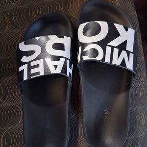 MICHAEL KORS Black Slide Sandals with White Logo